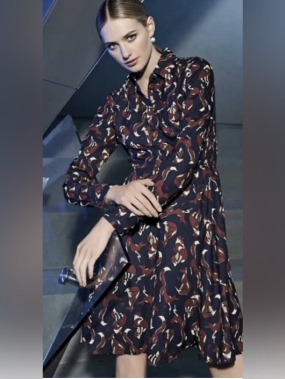 Kate Spade Fox Print Smocked Shirt Dress Long Sleeve Fit & Flare Black Burgundy